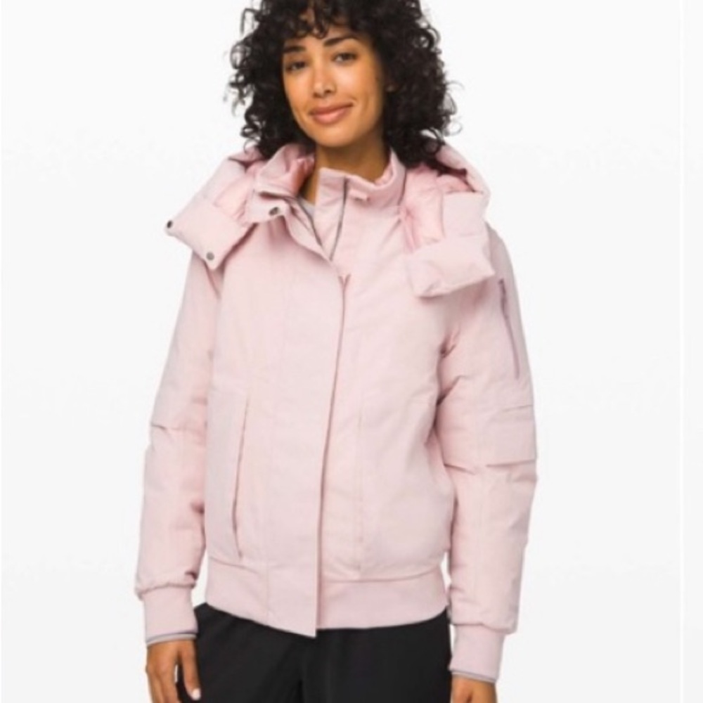 Lululemon Bomber Winter Warrior Goose Down Jacket Coat Hood Light Blush Pink 10